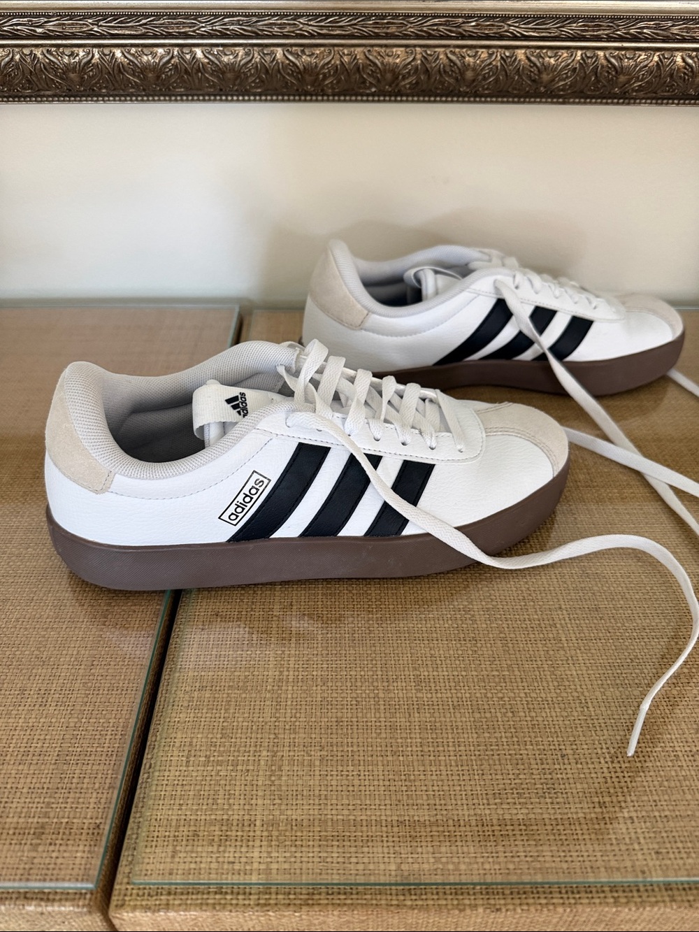 adidas White Sneakers with Black Stripes and Brown Gum Sole - Picture 2 of 4